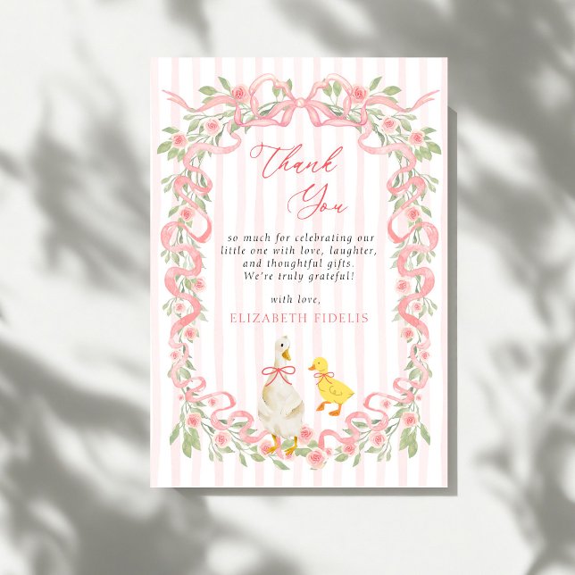 Rosa band blommig gås baby shower  tack kort (Skapare uppladdad)