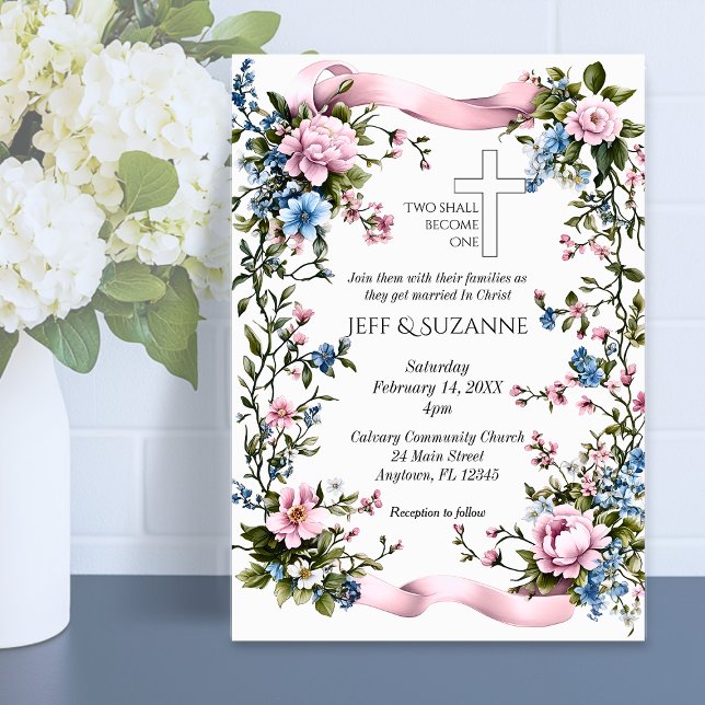 Rosa band blommig kors Två blir en  Inbjudningar (Pink Ribbon Floral Cross Two Become One Invitations)