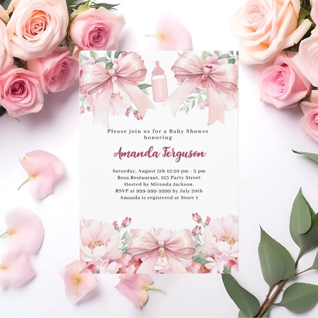 Rosa band blommor flicka flaska Baby Shower Inbjudningar (Skapare uppladdad)