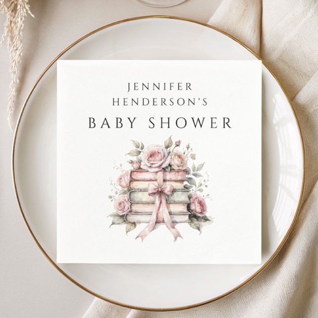 Rosa band bokhylla baby shower pappersservett (Pink Bow Bookstack Baby Shower Napkins)