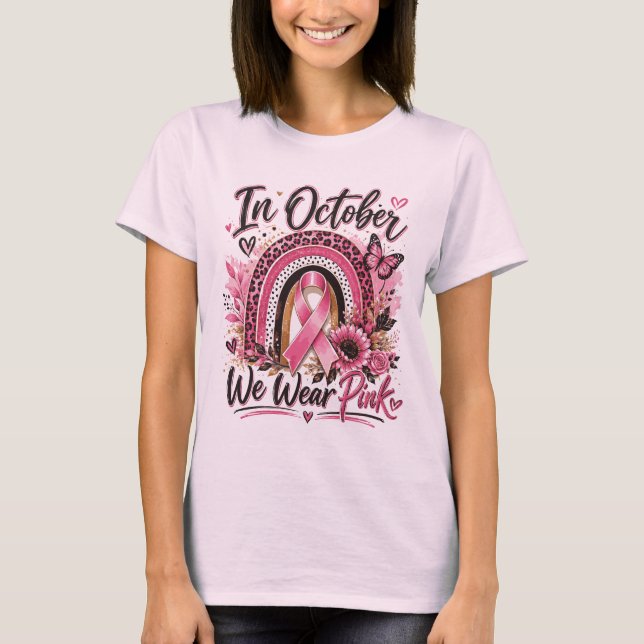 Rosa band bröstcancer regnbåge medvetenhet T-shirt (Framsida)