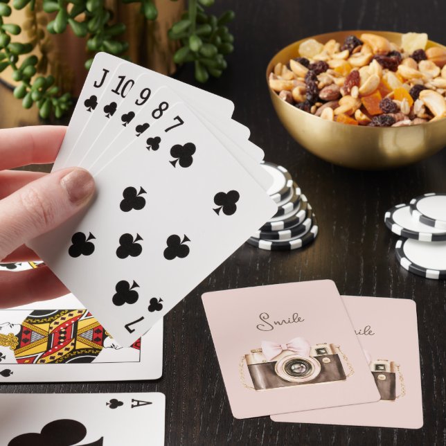 Rosa band bruna kamera leende casinokort (På plats)