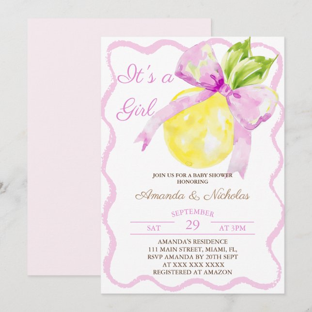 Rosa band citrus tjej baby shower inbjudningar (Fram/baksida)