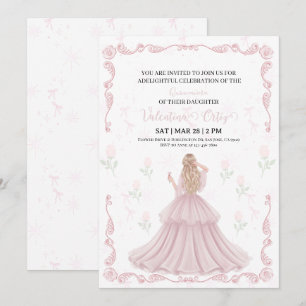 Rosa band coquette Prinsessa blommande Quinceanera Inbjudningar