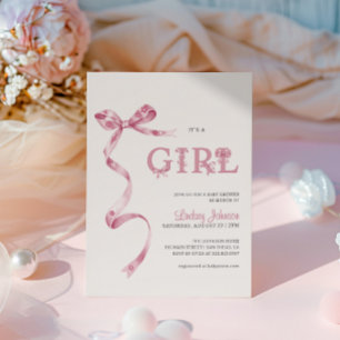 Rosa band det är en tjej baby shower inbjudningar
