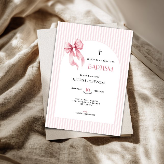 Rosa band dopinbjudan för flickor inbjudningar (Pink bow baptism invitation for girls. )