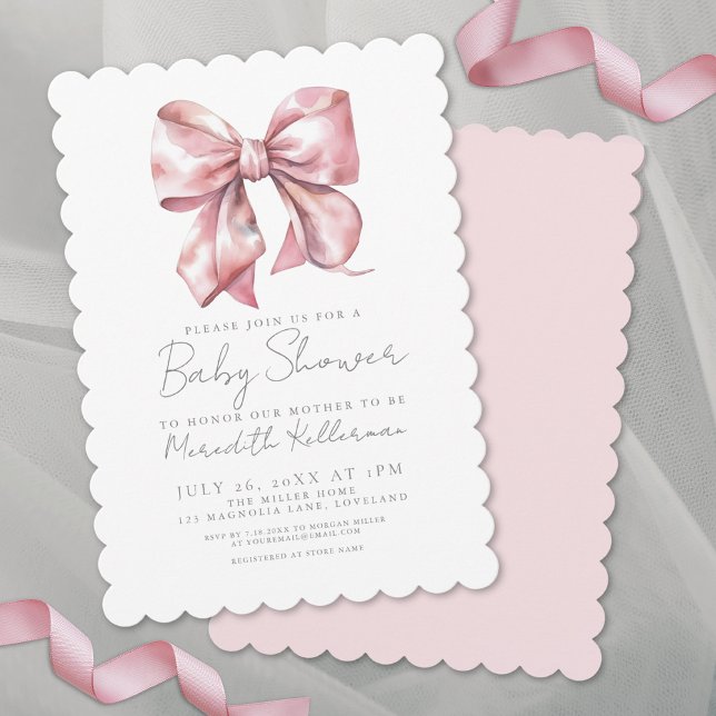 Rosa band Elegant kokett flicka Bebisens dag Inbjudningar (Pink Bow Elegant Coquette Girl Baby Shower Invitation)