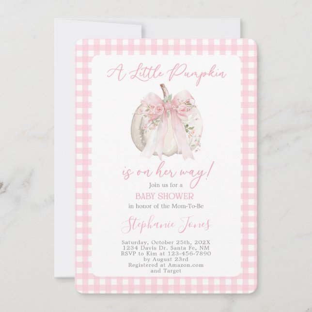 Rosa band En liten pumpa Baby Shower flicka Inbjudningar (Framsida)
