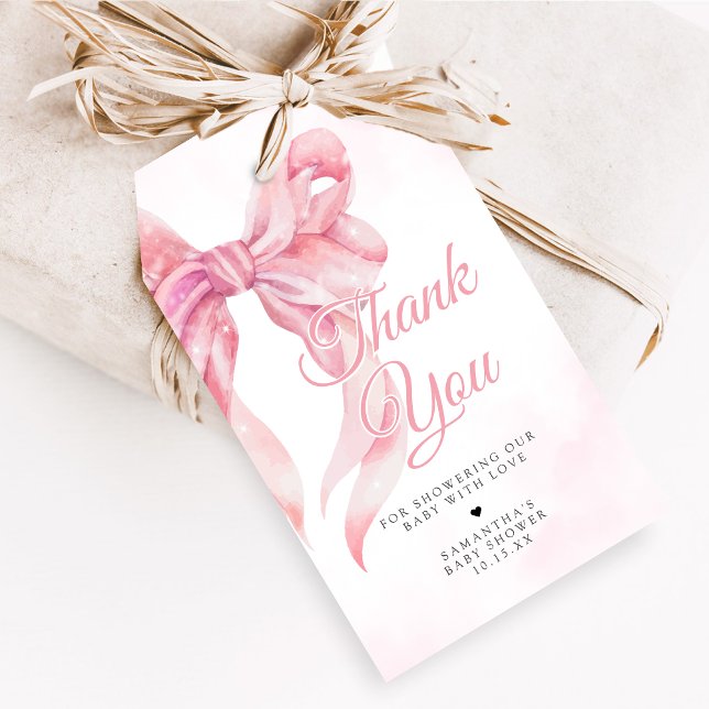 Rosa band flicka baby shower presentkort presentetikett (Pink Bow Coquette Girl Baby Shower Favor Tags)