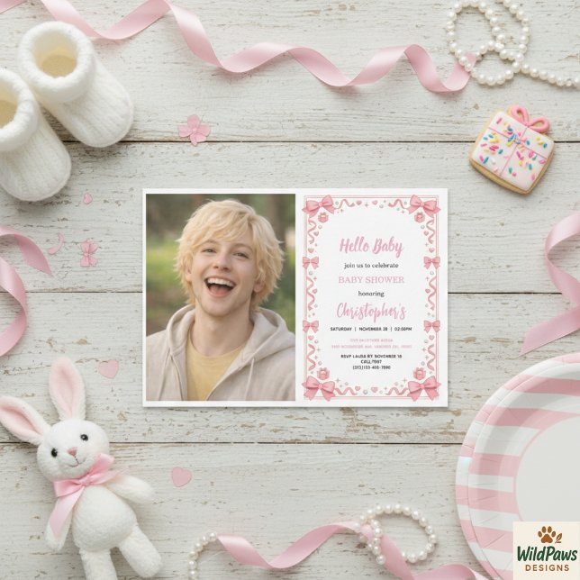Rosa band flicka Bebis firande – Sött & Roligt Fot Inbjudningar (Pink Bow Girl Baby Shower – Cute & Fun Photo Invitation
)