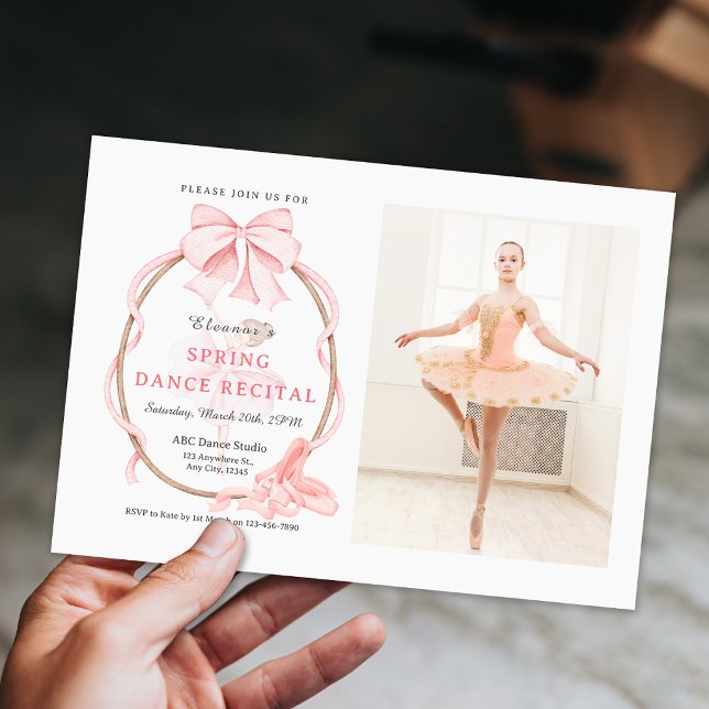 Rosa band foto balett flicka dansrecital inbjudningar (Pink Bow Photo Ballet Girl Dance Recital Invitation)