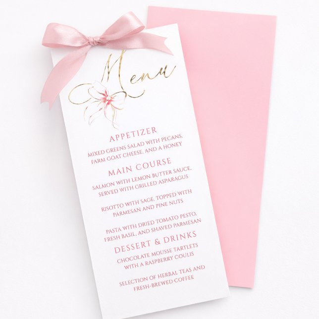 Rosa band guld typografi elegant festmeny meny (Pink Bow Menu Cards)