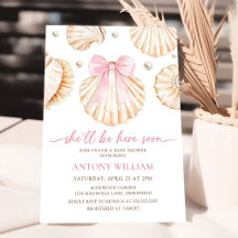 Rosa band havsskal tjej baby shower inbjudan