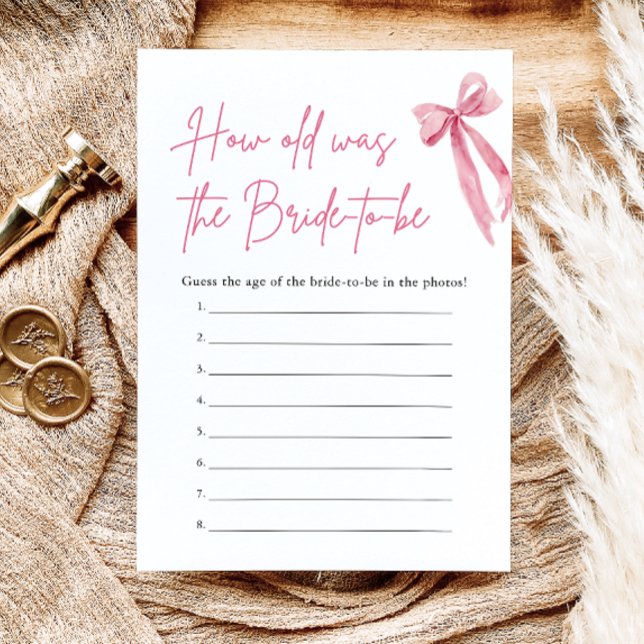 Rosa band Hur gammal var bruden Bröllopsduschspel Inbjudningar (Pink Bow How Old Was the Bride Bridal Shower Game)
