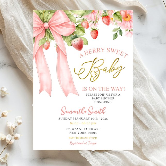 Rosa band Jordgubbs-babyshower-inbjudan Inbjudningar (Skapare uppladdad)