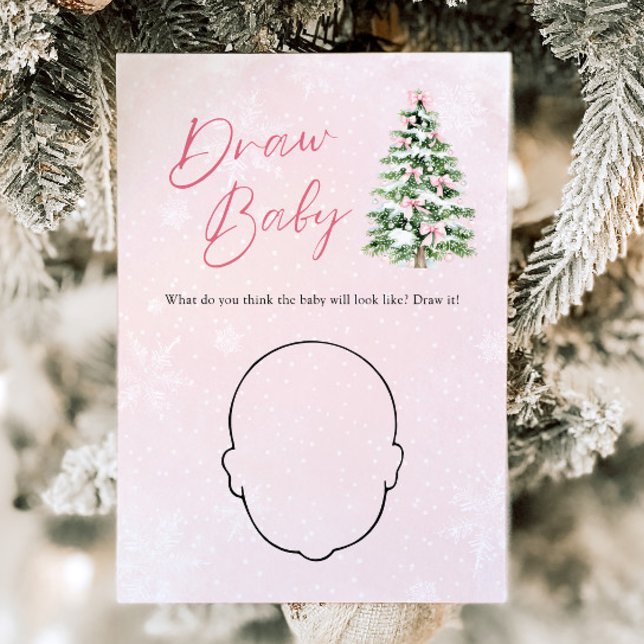 Rosa band julgran bebisshower ritspels babyaktivit inbjudningar (Pink Bow Christmas Tree Baby Shower Draw Baby Game)