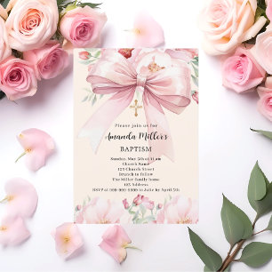 Rosa band krämfärgade blommor flicka Dop Inbjudningar