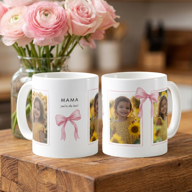Rosa band mamma 3 fotokollage kaffemugg (Pink Bow 3 Photo Mug - Preppy Coquette Holiday Collection by Darling & May)