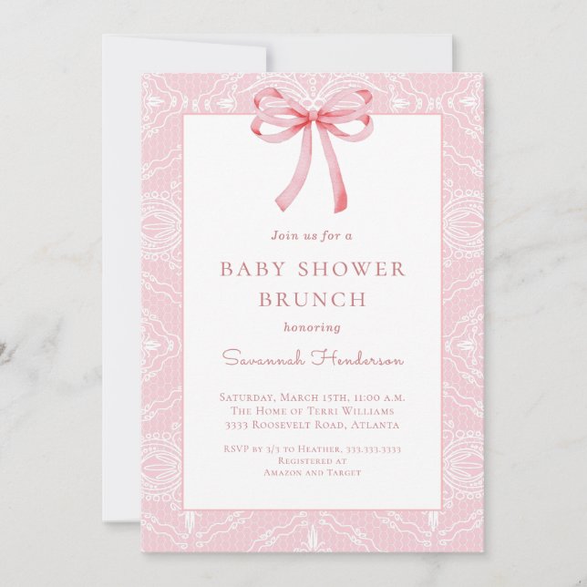 Rosa band med rosett Baby Shower Brunch  Inbjudningar (Framsida)