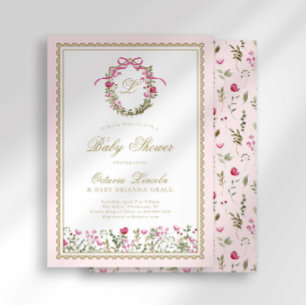 Rosa band monogram baby i blomningsshower inbjudningar