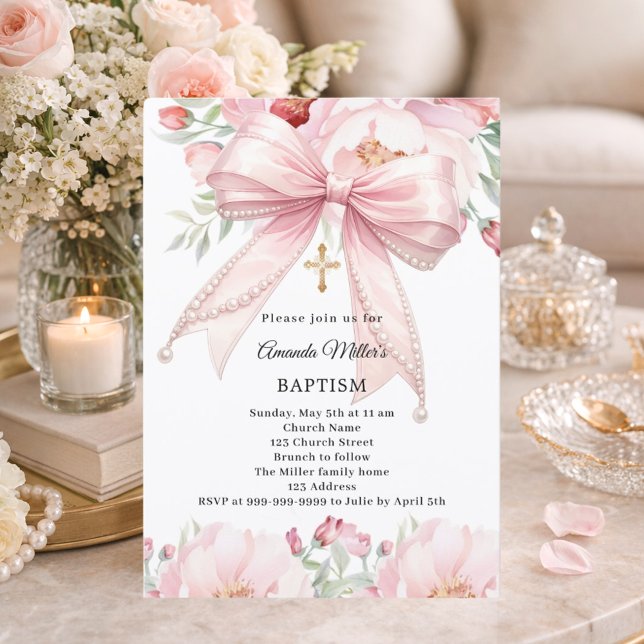 Rosa band pärlor blommor flicka Dop Inbjudningar (Skapare uppladdad)