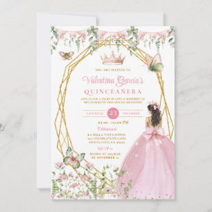 Rosa band prinsessa Quinceañera fjärilsträdgård Inbjudningar