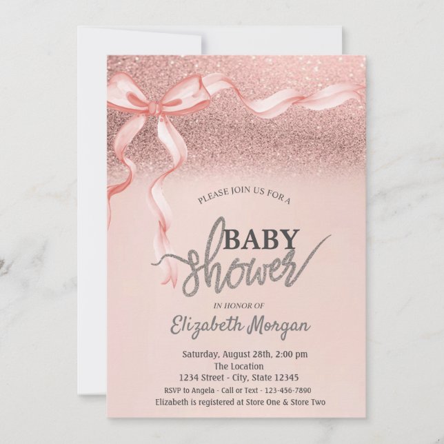 Rosa band roseguld glitter bokeh baby shower inbjudningar (Framsida)