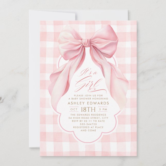 Rosa band rosett Gingham Elegant flicka Bebis show Inbjudningar (Framsida)
