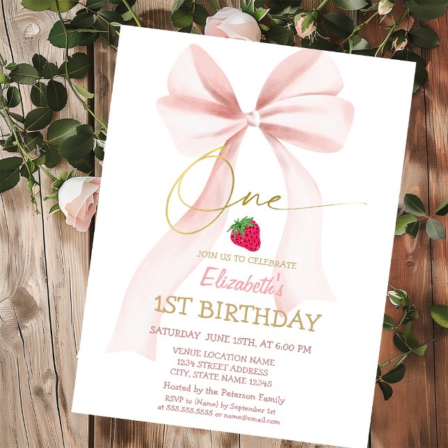 Rosa band rosett jordgubb rosa randig 1-års födels inbjudningar (Skapare uppladdad)