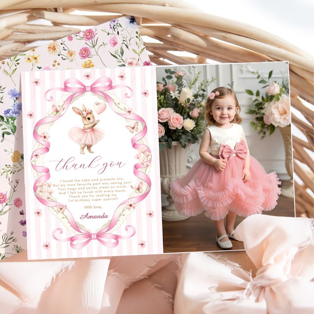 Rosa band rosett kanin 1-årsdag tack kort (Skapare uppladdad)