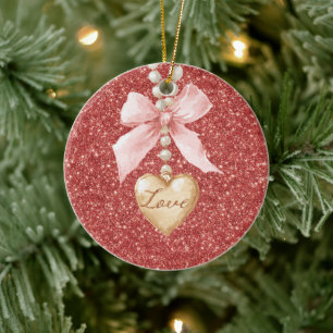 Rosa band rosett röd glitter kärlek halsband jul julgransprydnad keramik