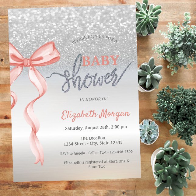 Rosa band silver glitter bokeh baby shower inbjudningar (Skapare uppladdad)