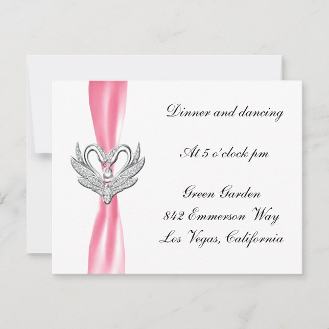 Rosa band silver svanar mottagarkort inbjudningar (Framsida)