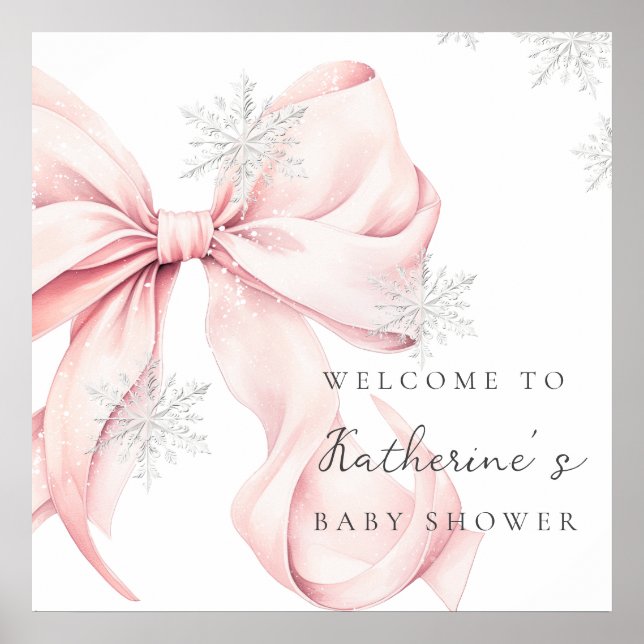 Rosa band snöflingor Baby Shower välkomstaffisch Poster (Framsidan)