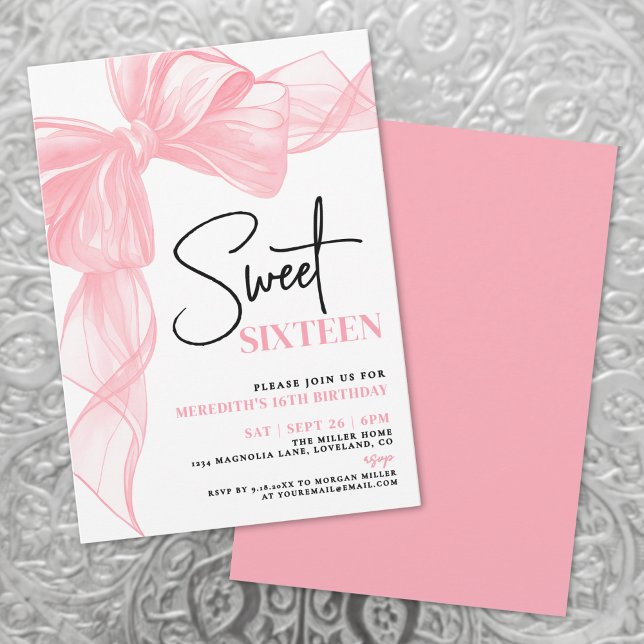 Rosa band söta sexton 16-årsdag inbjudningar (Pink Bow Sweet Sixteen 16th Birthday Invitation)