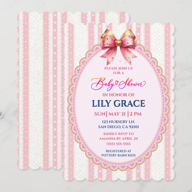 Rosa band & spets baby shower inbjudan (Fram/baksida)
