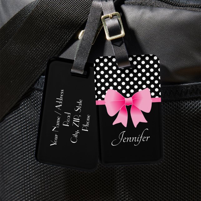 Rosa band svart och vit prickig bagagebricka (Pink Ribbon Black & White Polka Dots Luggage Tag)
