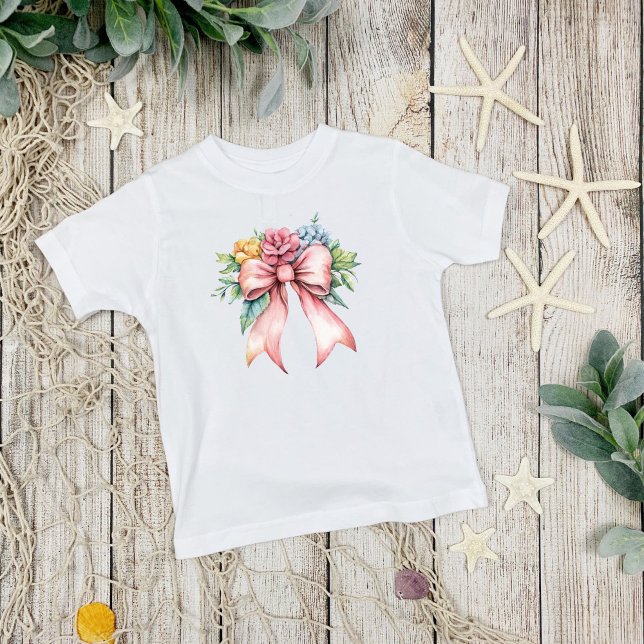 Rosa band vattenfärg blommor Coquette flickor T Shirt (Pink bow with watercolor florals, coquette aesthetic, Toddler Girls T-shirt)