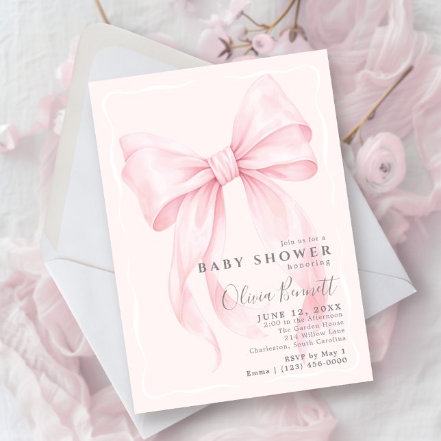 Rosa band vattenfärg flicka baby shower inbjudningar (Coquette Bow Theme Watercolor Design Baby Shower Invite
)