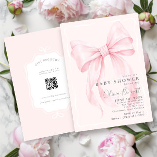 Rosa band vattenfärg flicka baby shower med QR-kod Inbjudningar