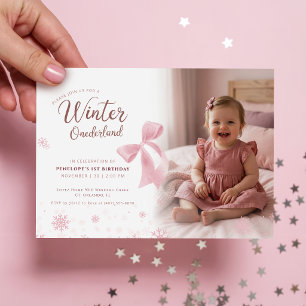 Rosa band vinter Onederland flicka foto 1-års föde Inbjudningar