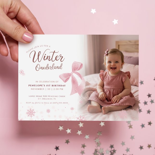 Rosa band vinter Onederland flicka foto 1-års föde Inbjudningar (Skapare uppladdad)