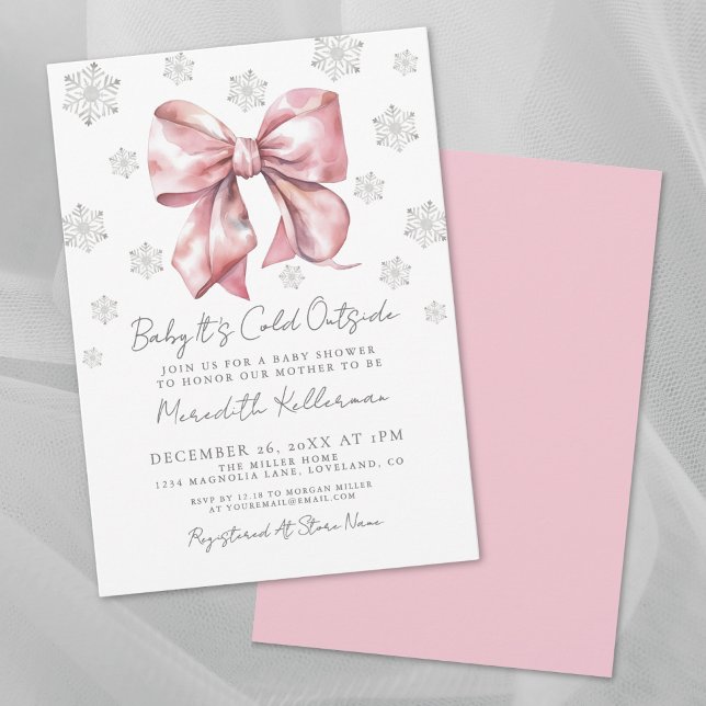 Rosa band vinterflicka baby shower inbjudningar (Pink Bow Winter Girl Baby Shower Invitation )