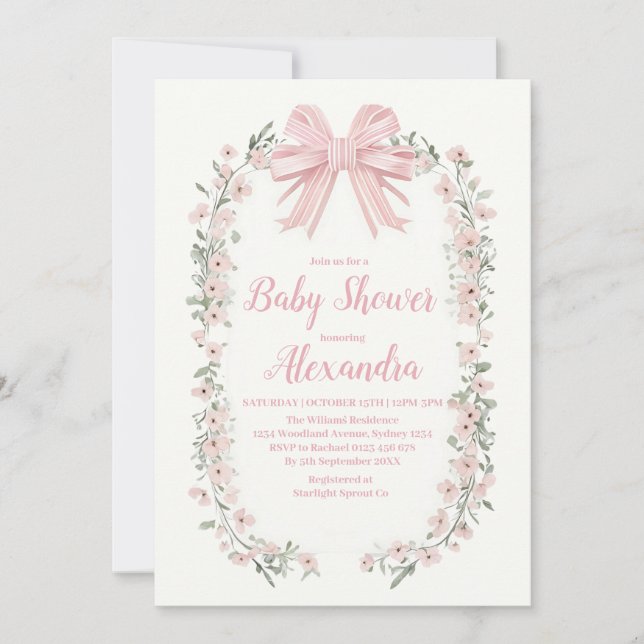 Rosa bandage blomsterflicka baby shower inbjudningar (Framsida)