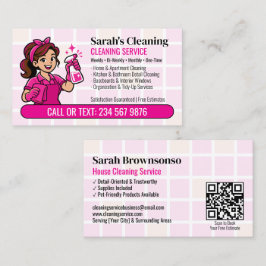 Rosa bandana detalj städning QR tecknad piga Visitkort