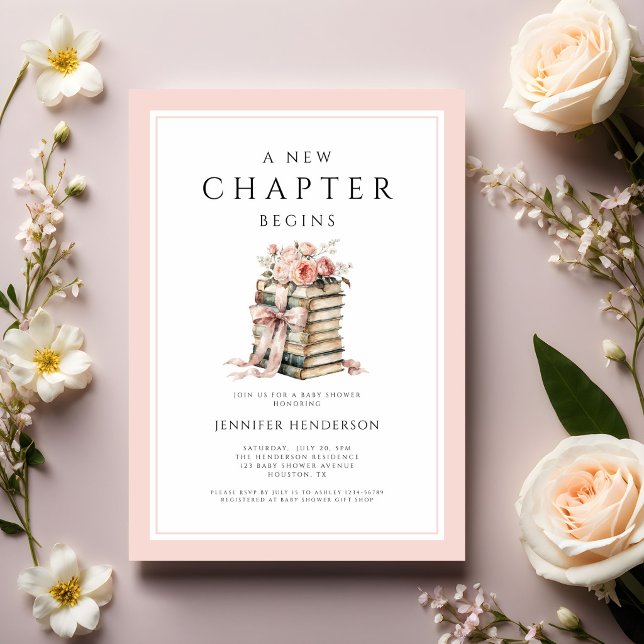 Rosa bandböcker Ett nytt kapitel börjar Baby Showe Inbjudningar (Pink Bow Books A New Chapter Begins Baby Shower Invitation)