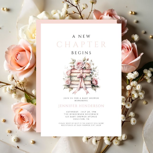 Rosa bandböcker Ett nytt kapitel börjar Baby Showe Inbjudningar (Pink Bow Books A New Chapter Begins Baby Shower Invitation)