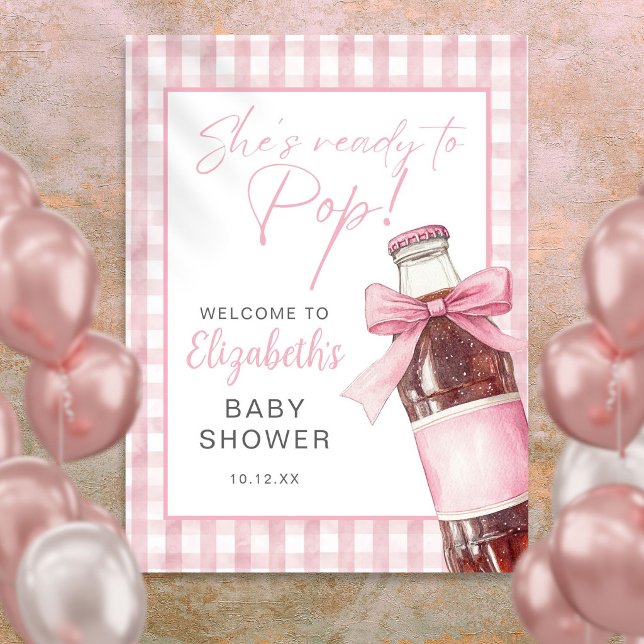 Rosa banderoll för bebismottagning med läskflaska poster (Pink Bow Soda Bottle Baby Shower Welcome Sign)
