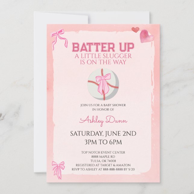 Rosa bandet Coquette Baseboll Baby Shower Inbjudningar (Framsida)