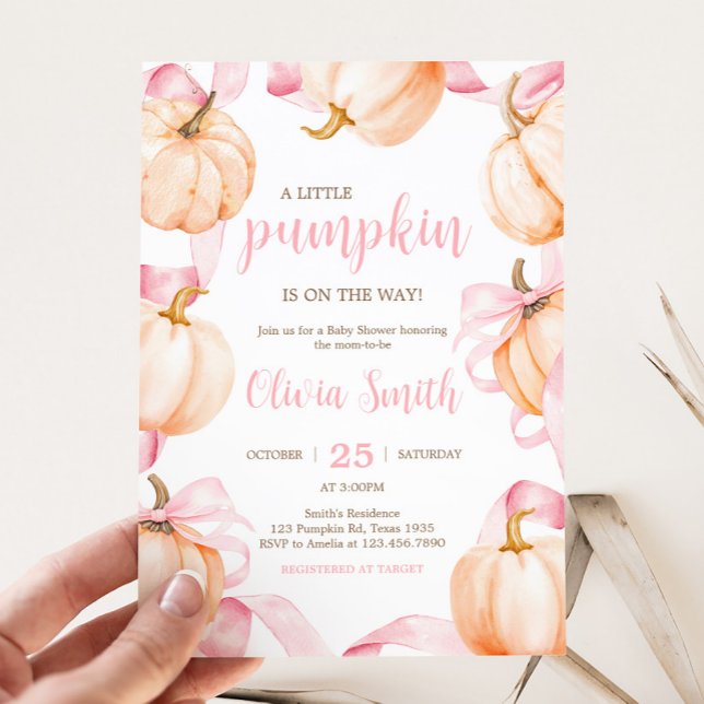 Rosa bandpumpa för baby shower inbjudningar (Pink Bow Pumpkin Baby Shower Invitation)